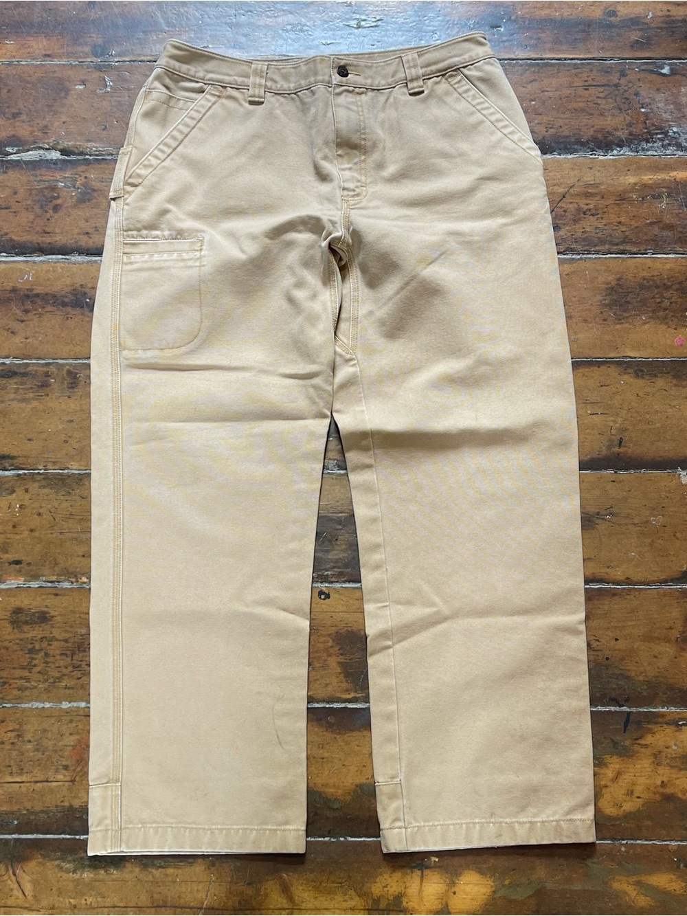 LL Bean Katahdin Iron Works Tan Cotton Canvas Utility Carpenter Pants Mens 34x30